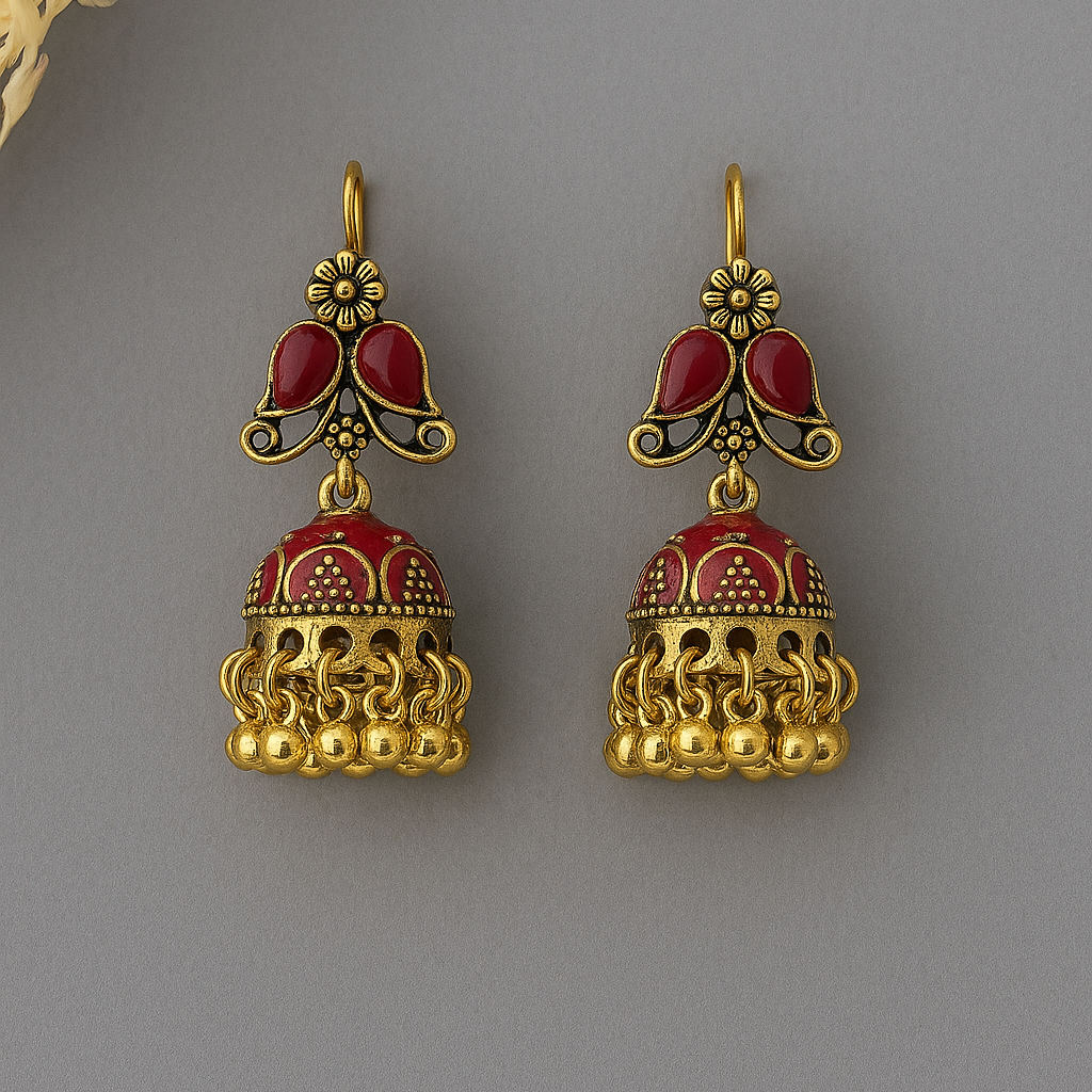 Traditional Red & Gold Jhumka Earrings - Elegant Ethnic Design