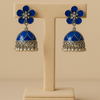 Blue Floral Jhumka Earrings – Enamel & Silver Beads