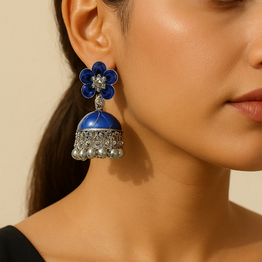 Blue Floral Jhumka Earrings – Enamel & Silver Beads