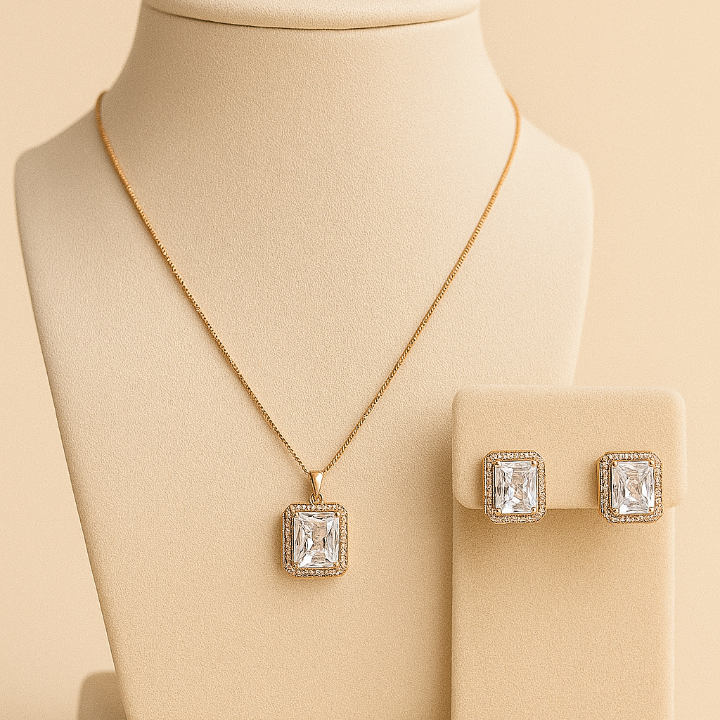 Elegant Square-Cut Crystal Necklace & Earrings Set