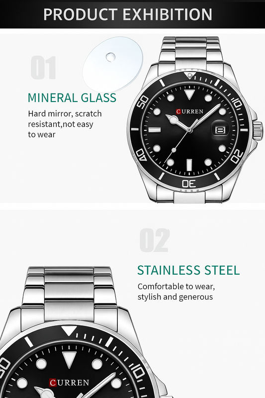 CURREN Business Mens Wristwatches Black Clock Male Stainless Steel Quartz