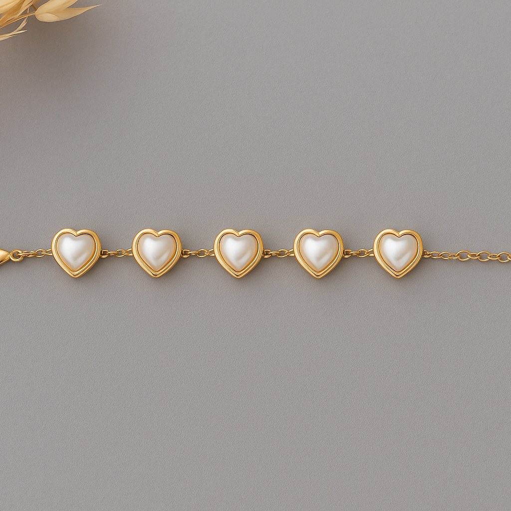 Gold Heart Pearl Bracelet - Adjustable Chain