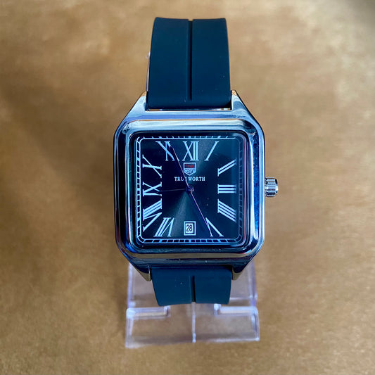 True Worth Classic Square Black Dial Watch – Stainless Steel Case & Silicone Strap