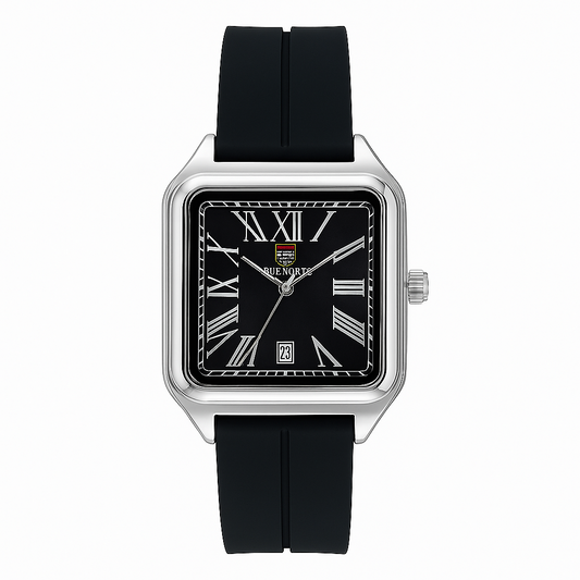 True Worth Classic Square Black Dial Watch – Stainless Steel Case & Silicone Strap