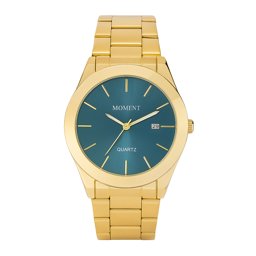 Moment Gold Stainless Steel Quartz Watch – Blue Dial, Date Display