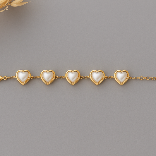Gold Heart Pearl Bracelet - Adjustable Chain