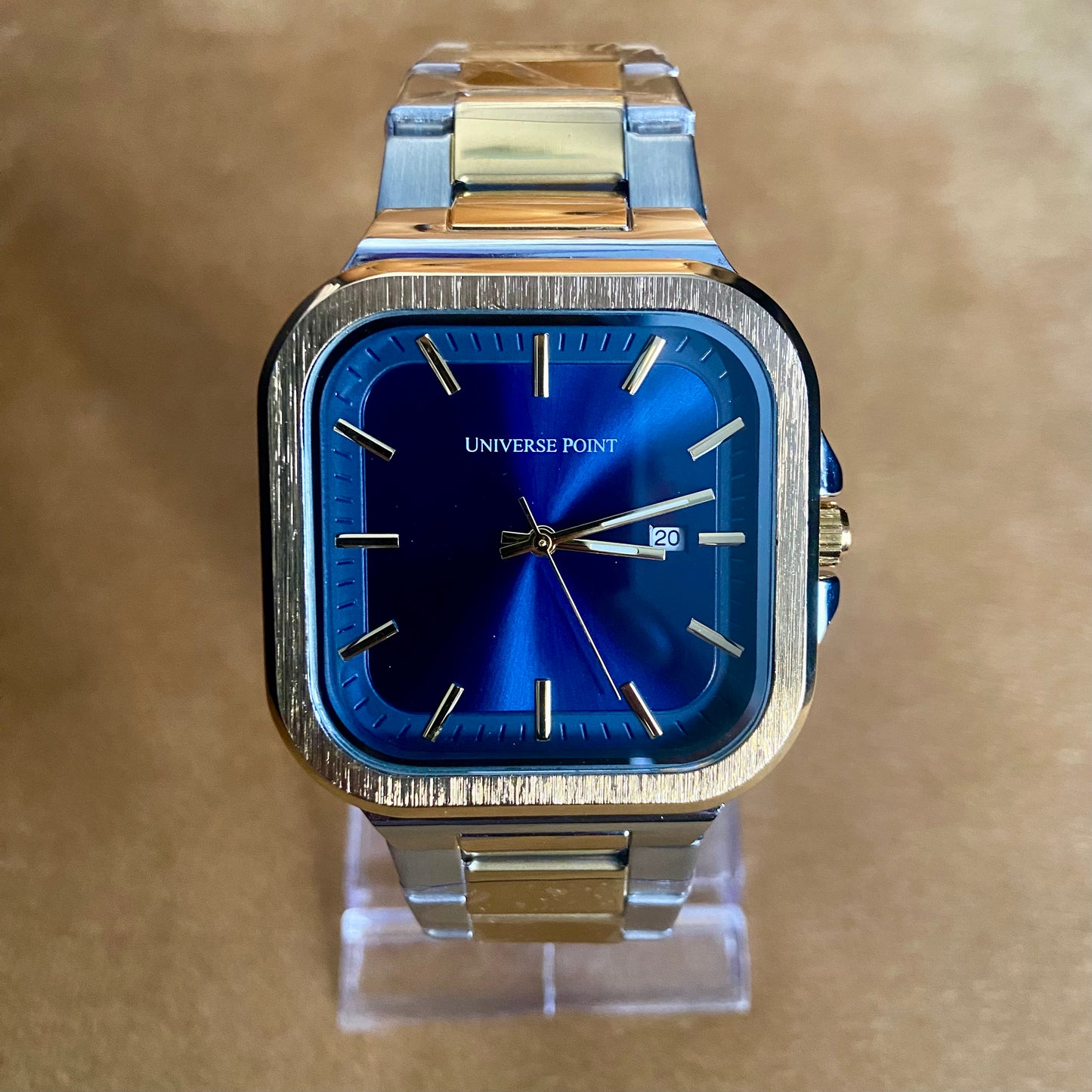 Universe Point Blue Square Dial Watch – Stainless Steel, Date, Water Resistant