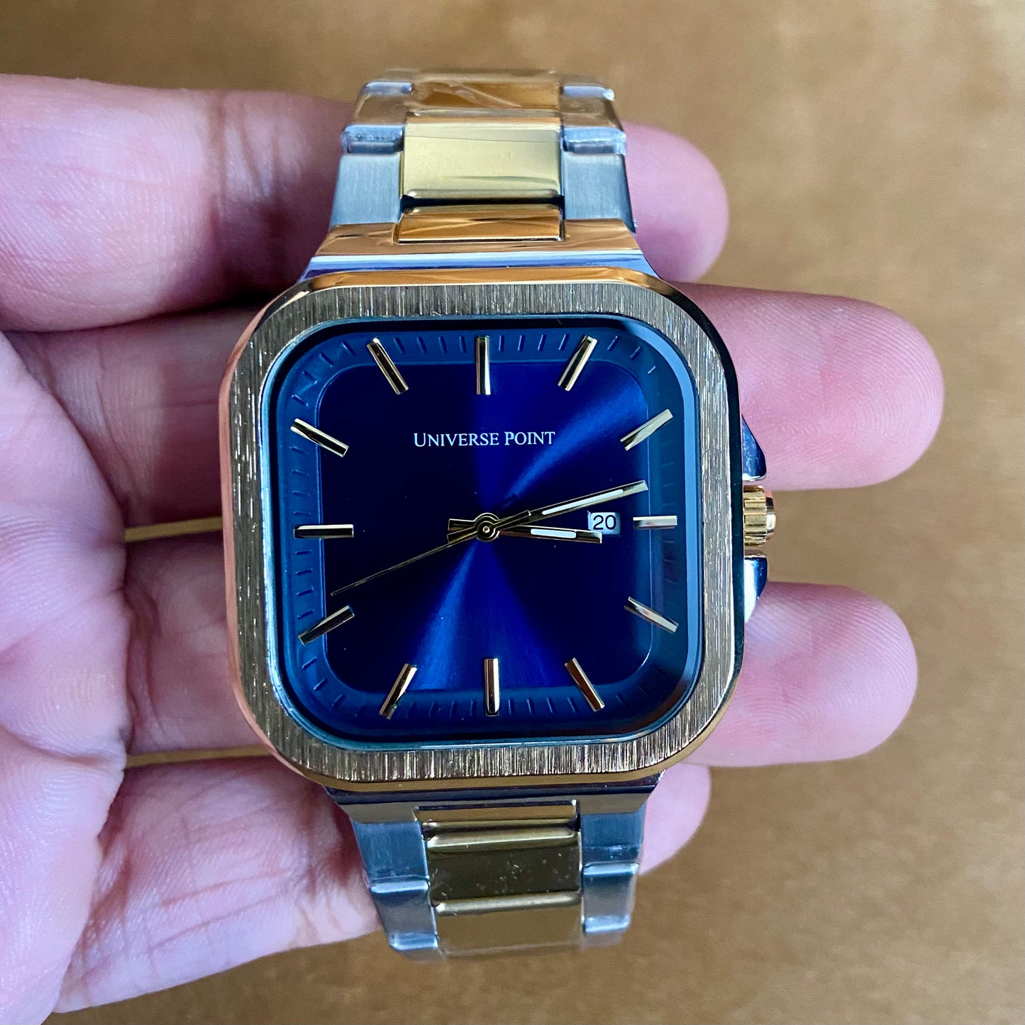 Universe Point Blue Square Dial Watch – Stainless Steel, Date, Water Resistant