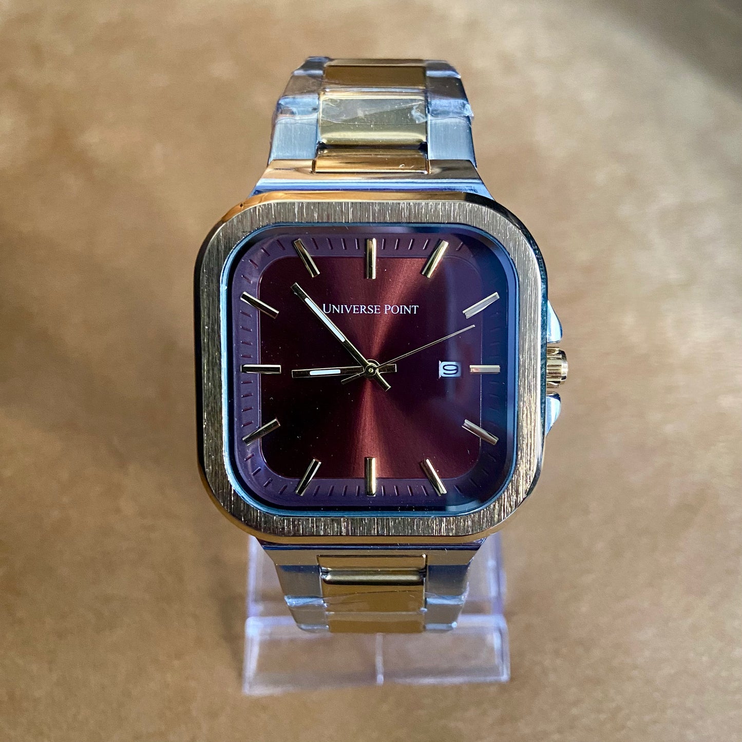 Universe Point Brown Square Dial Watch – Stainless Steel, Date, Water Resistant