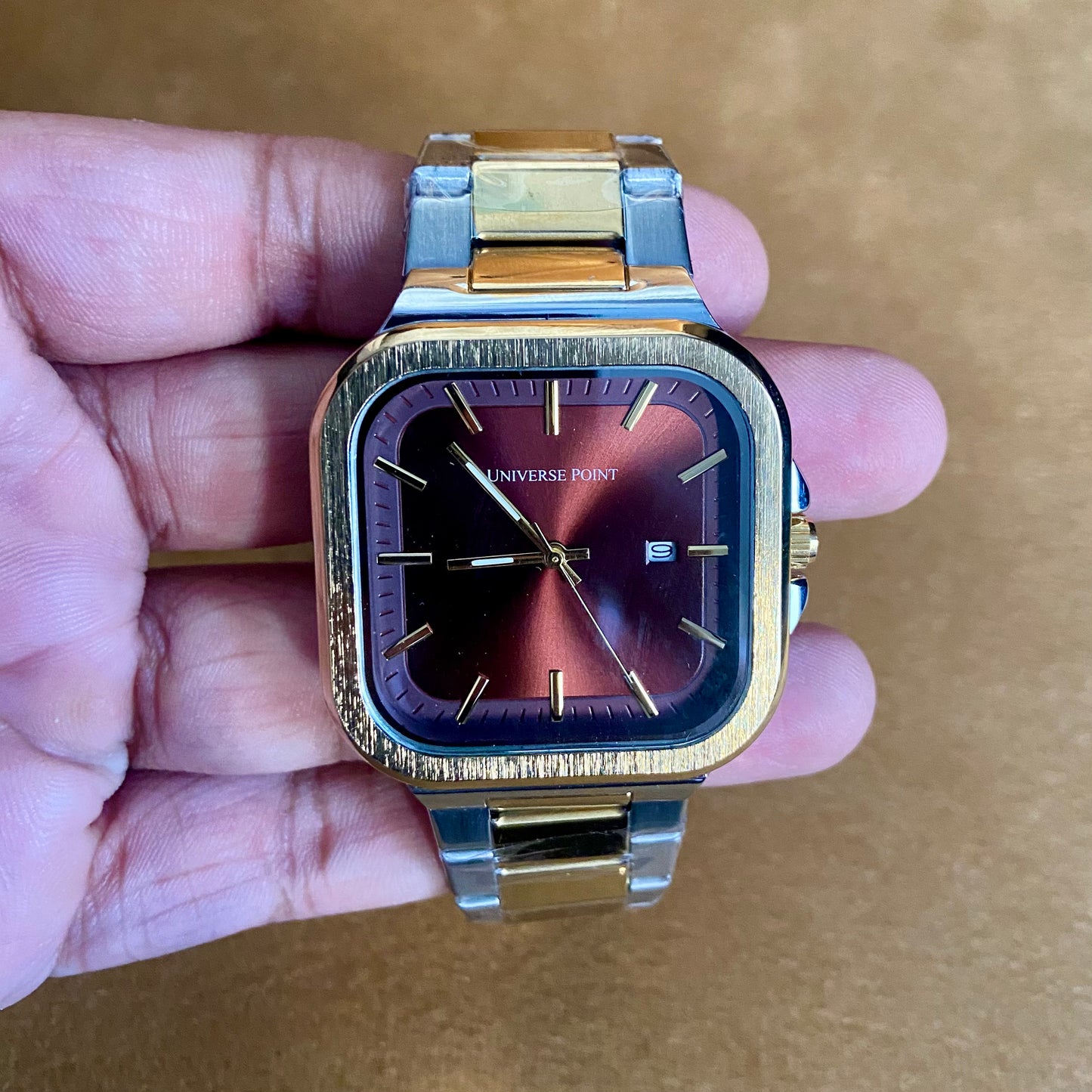 Universe Point Brown Square Dial Watch – Stainless Steel, Date, Water Resistant